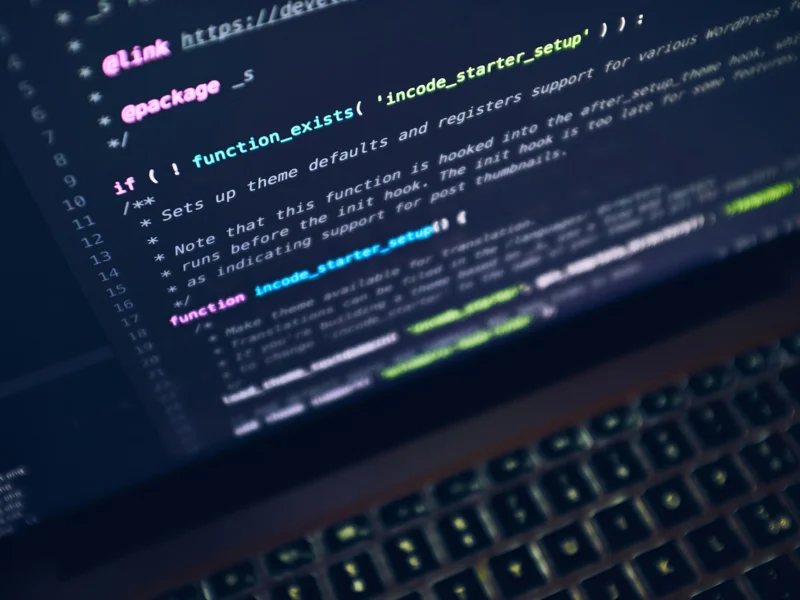 Website code close up on a laptop screen.