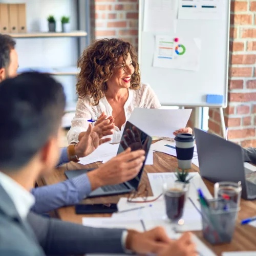Company employees discussing marketing stategy